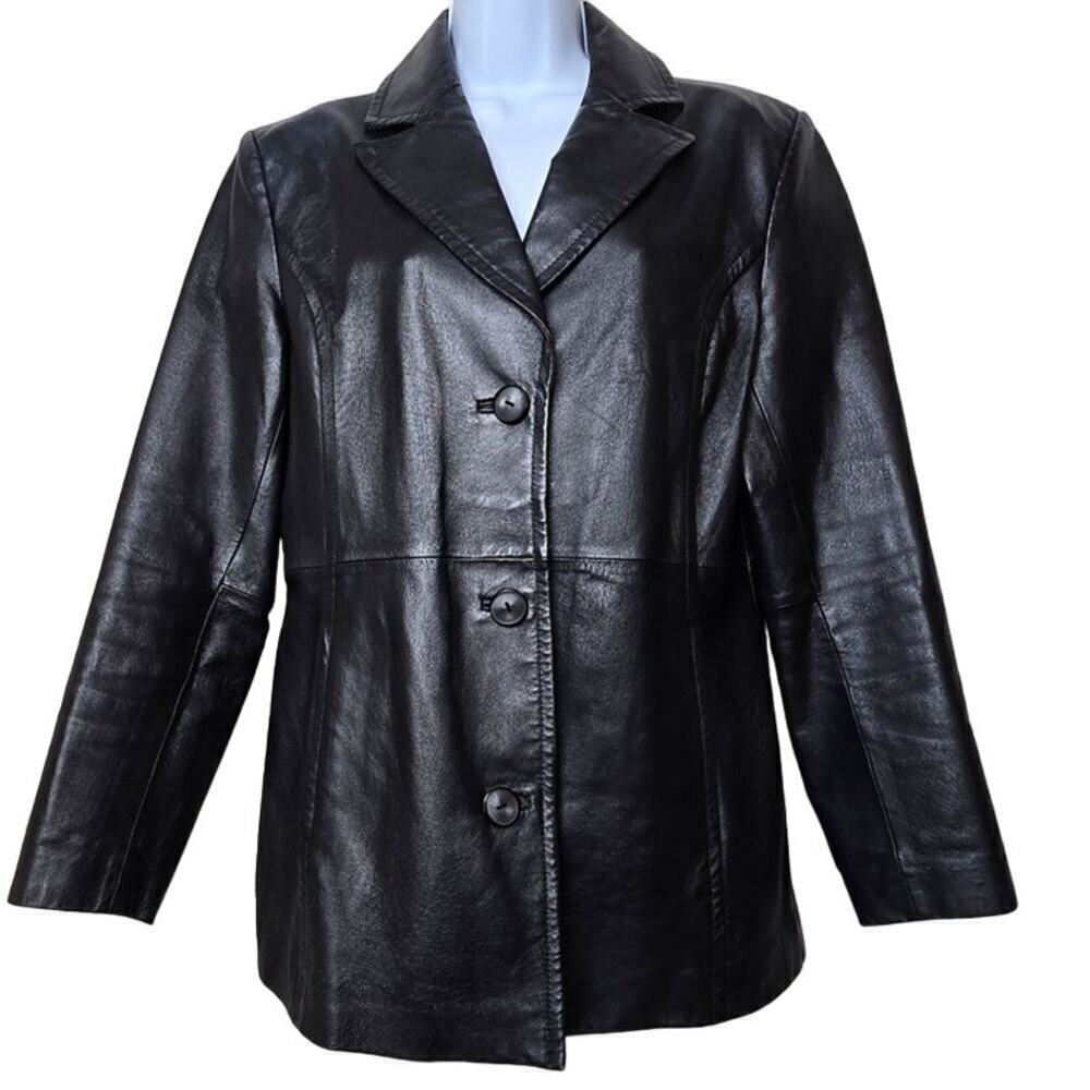 Worthington Black Soft Leather Jacket Notch Lapel Lined Buttoned Coat Women's M